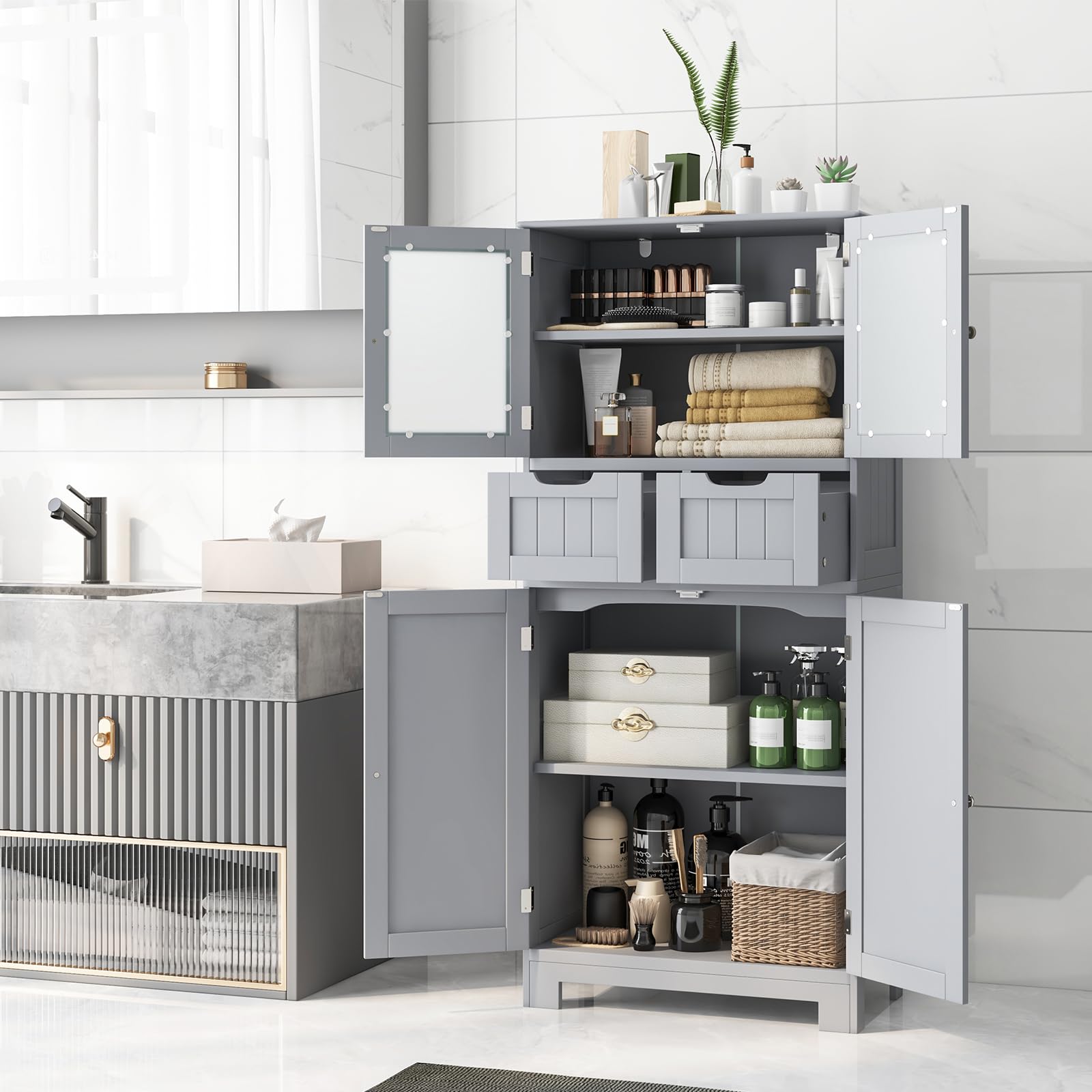 Bathroom Floor Storage Cabinet - Freestanding Cabinet with 2 Glass Doors, 2 Drawers