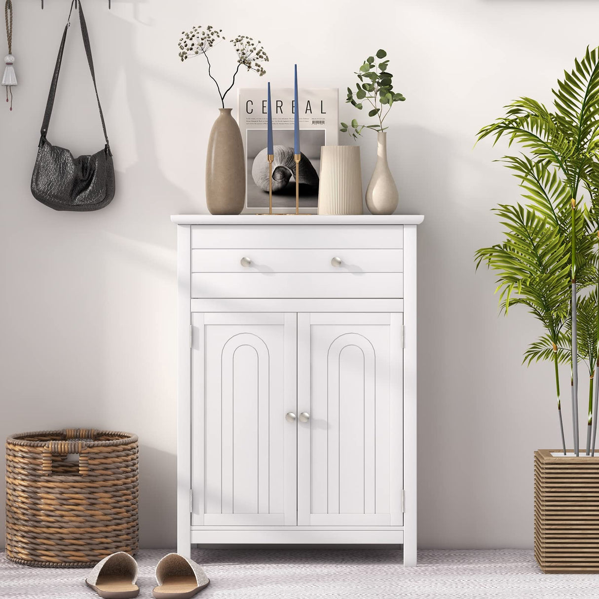 White Bathroom Cabinet, Freestanding Wooden Storage Cabinet w/Large Drawer & Cabinet,