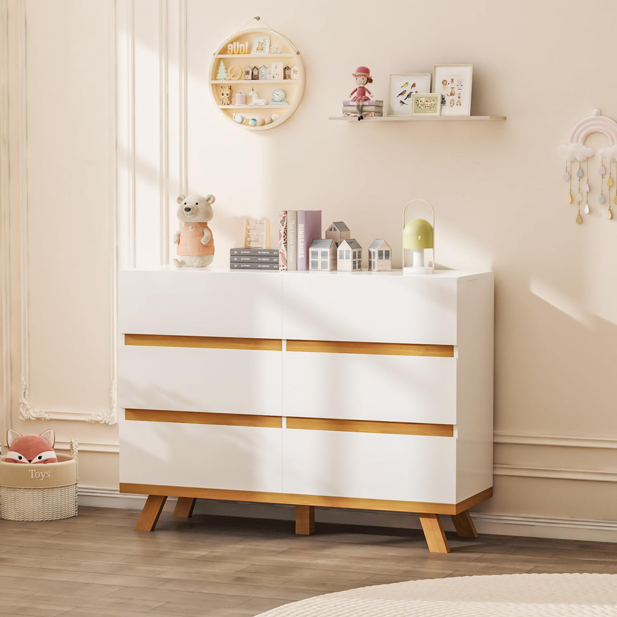 White 6 Drawer Dresser for Bedroom, Modern Wooden Storage Organizer