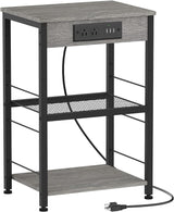 Nightstand Black with Charging Station, USB Ports, 3 Tier Side Table with Storage Shelf