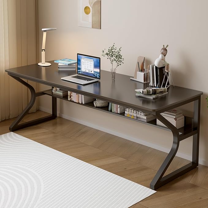 Extra Long Desk with Bookshelf - 71" Double Long Writing Table for 2-Person Workstation