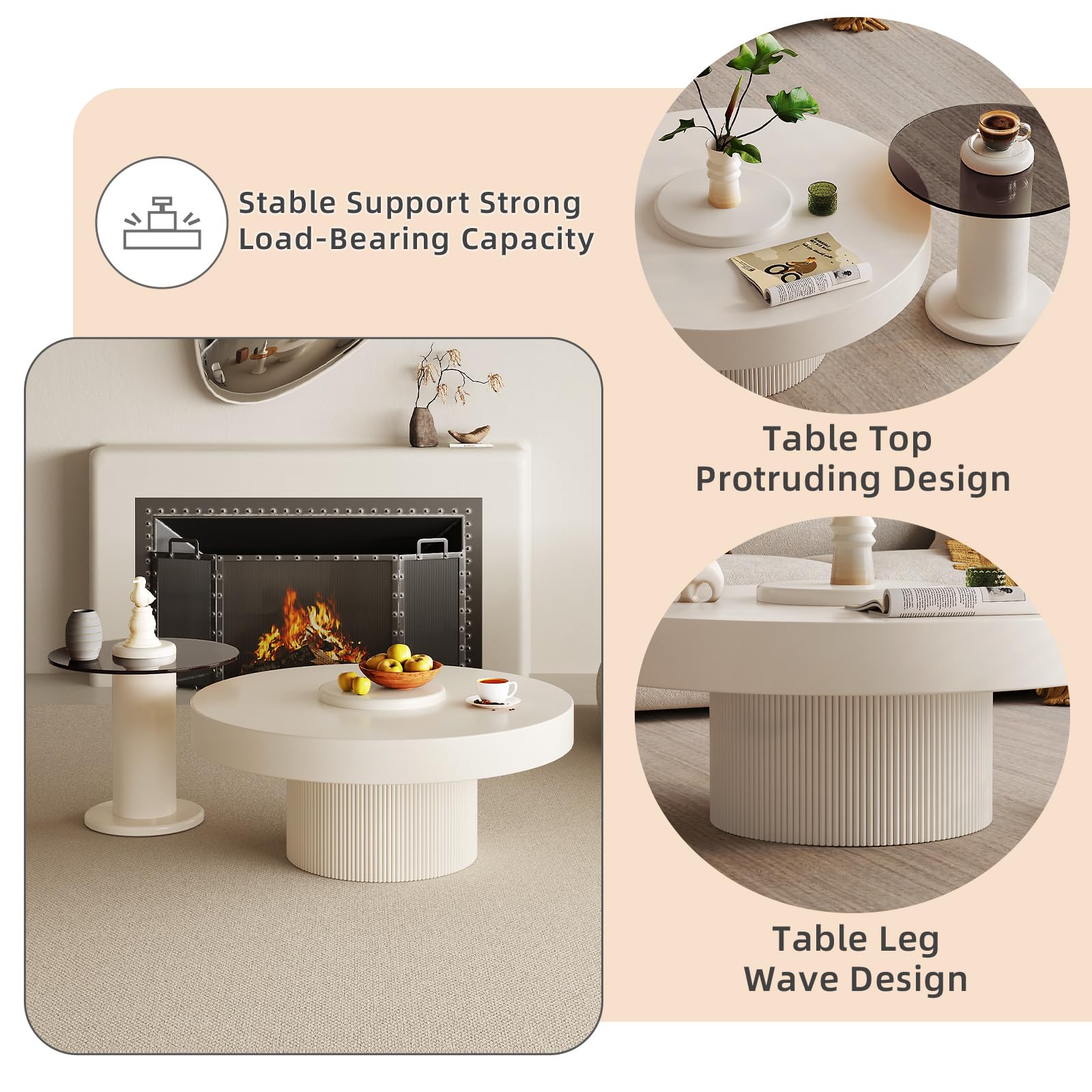 Modern Round Coffee Table Set of 2 Small End Table Tempered