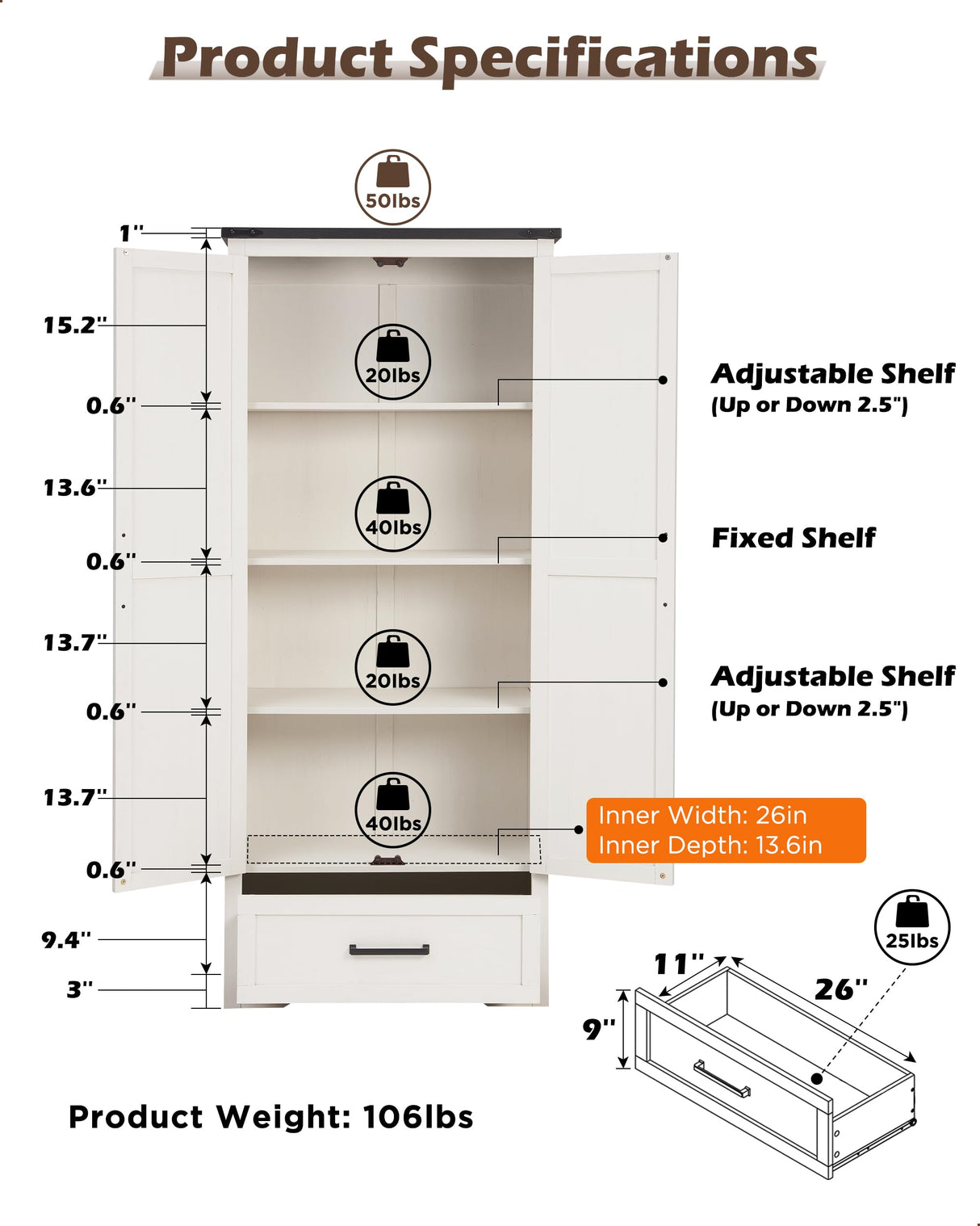 ACCOHOHO 72" Tall Farmhouse Kitchen Pantry with Adjustable Shelves, Wood Rustic Storage Cabinet with Drawer & Barn Doors, Versatile Storage for Dining Room, Living Room, Bathroom, White