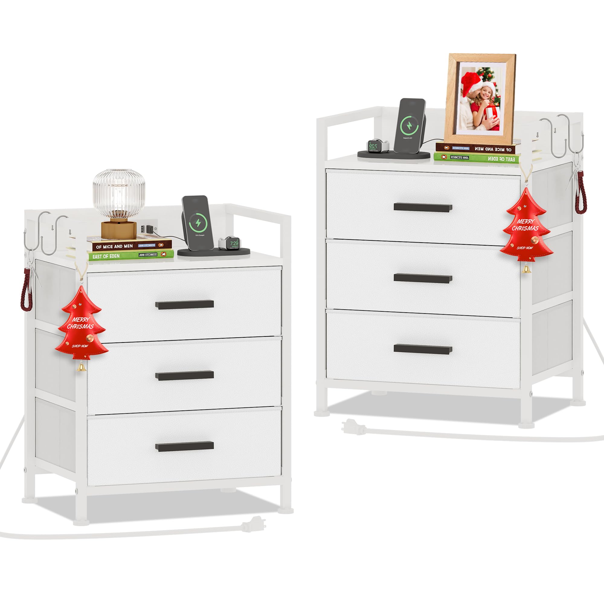 Set of 2 Side Table with Fabric Drawers, End Table