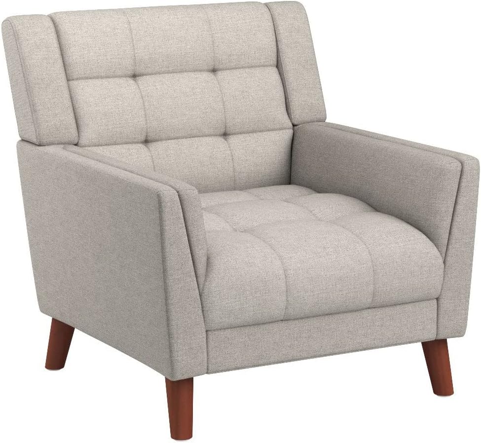Evelyn Mid Century Modern Fabric Arm Chair, Beige & Walnut
