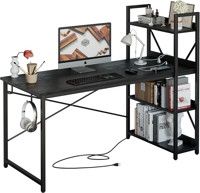Computer Desk 47" with Power Outlet and Storage Shelves, Study Writing Table with USB Ports Charging Station, PC Desk Workstation for Home Office, Rustic Brown