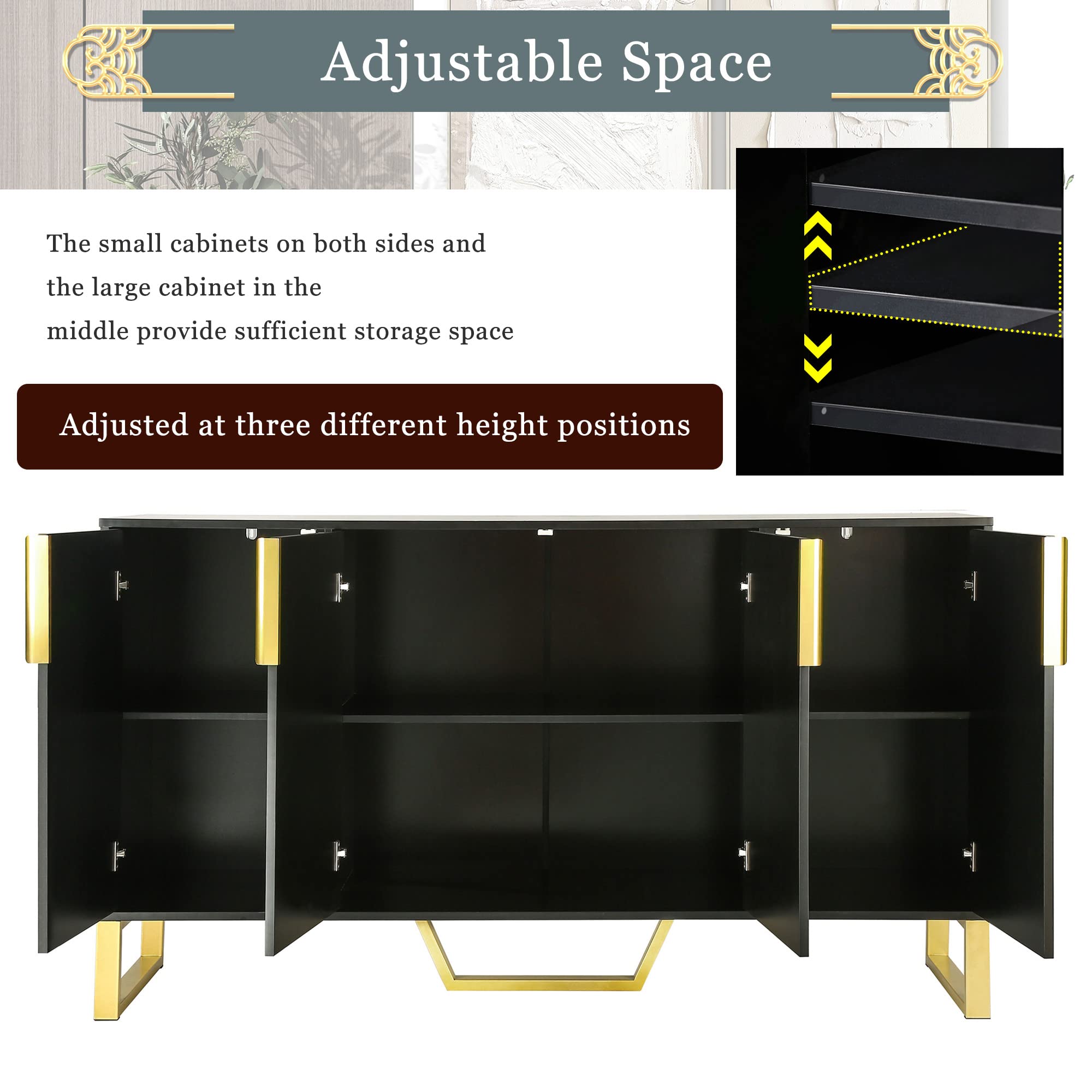 4 Doors (Black) Modern Wood Farmhouse Buffet Sideboard Metal