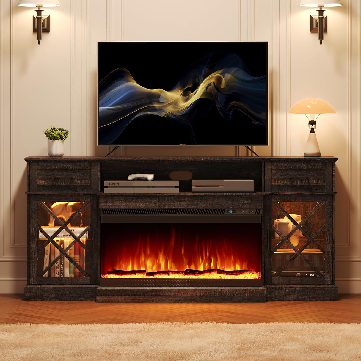 70" LED Fireplace TV Stand with Glass Doors - Black