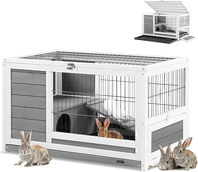 Rabbit Hutch with 2 Deeper No Leak Trays & 4 Casters, 37 Inch Rabbit Cage Pet House