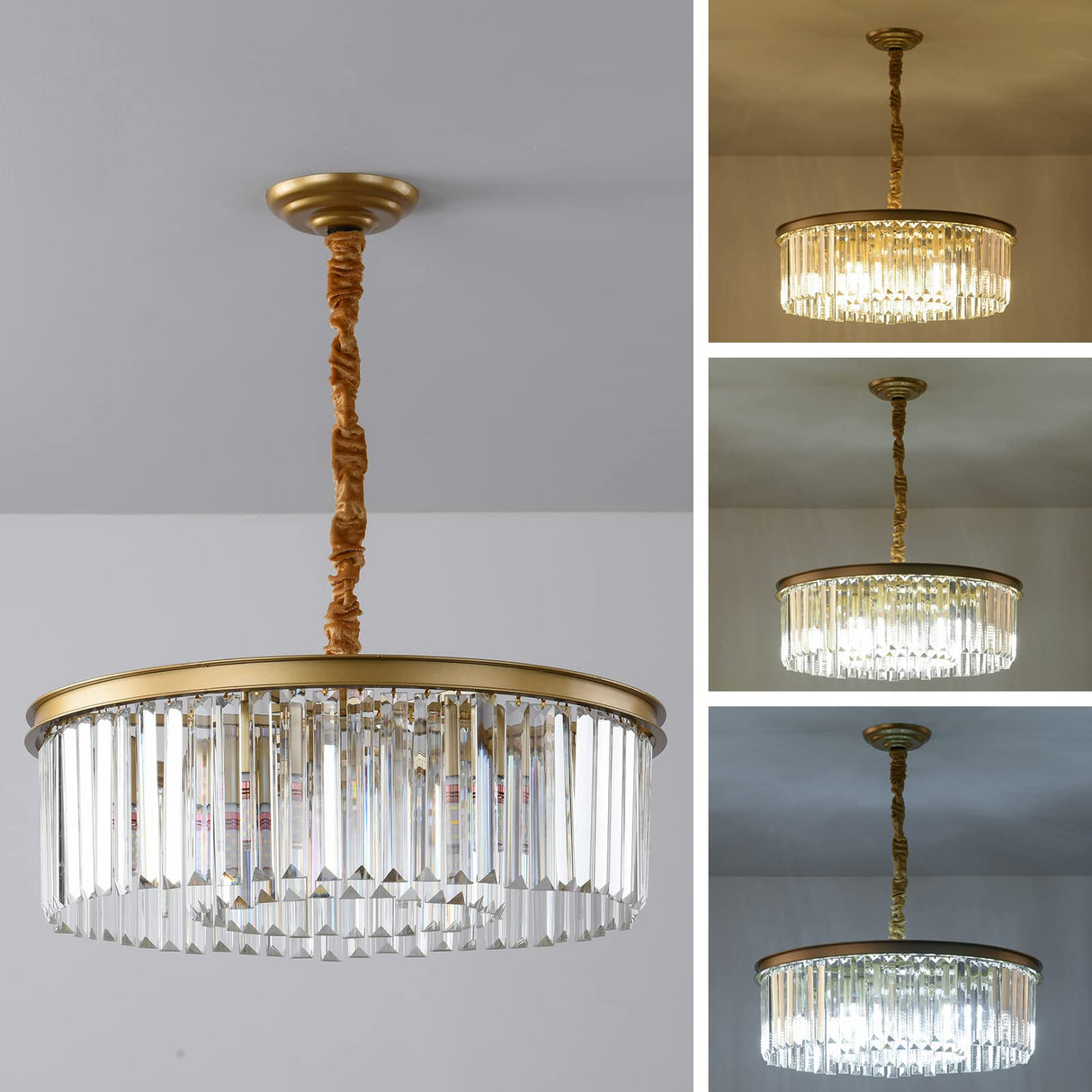 Gold Modern Crystal Chandelier, 2-Tier Round Flush Mount Ceiling Light Fixtures Height