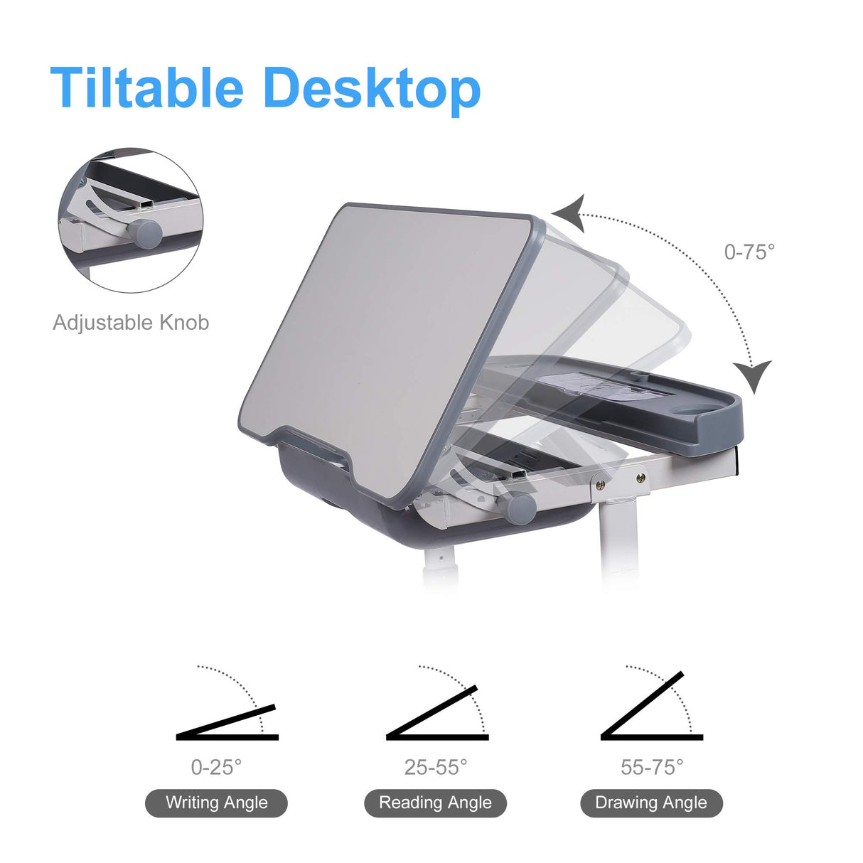 SMAGREHO Kids' Desk and Chair Set, Height Adjustable Child's School Study Writing Tables with Tilt Desktop, LED Light, Storage Drawer, Book Stand(Grey)