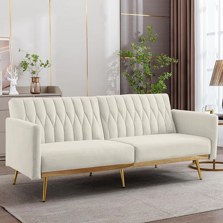 Velvet Convertible Futon Sofa Bed with Golden Metal Legs,