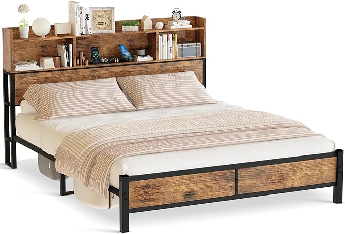 Lamerge Queen Bed Frame with Storage Headboard and Charging Station