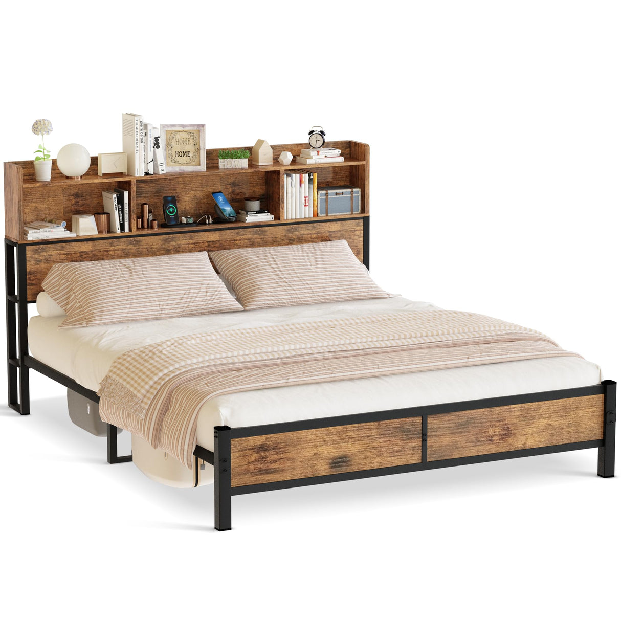 Lamerge Queen Bed Frame with Storage Headboard and Charging Station