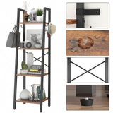 4 Tiers Ladder Bookcase, Industrial Narrow Bookshelf, Open Display Rack with 4 S Hooks, Metal Storage Shelves for Bedroom, Home Office, Living Room, Rustic Brown, 49.2H*13.4L*11.8W, UHBC024H