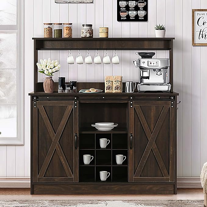 Farmhouse Coffee Bar Cabinet, 47'' Kitchen Coffee Bar with 6 Hooks, Coffee Bar Station