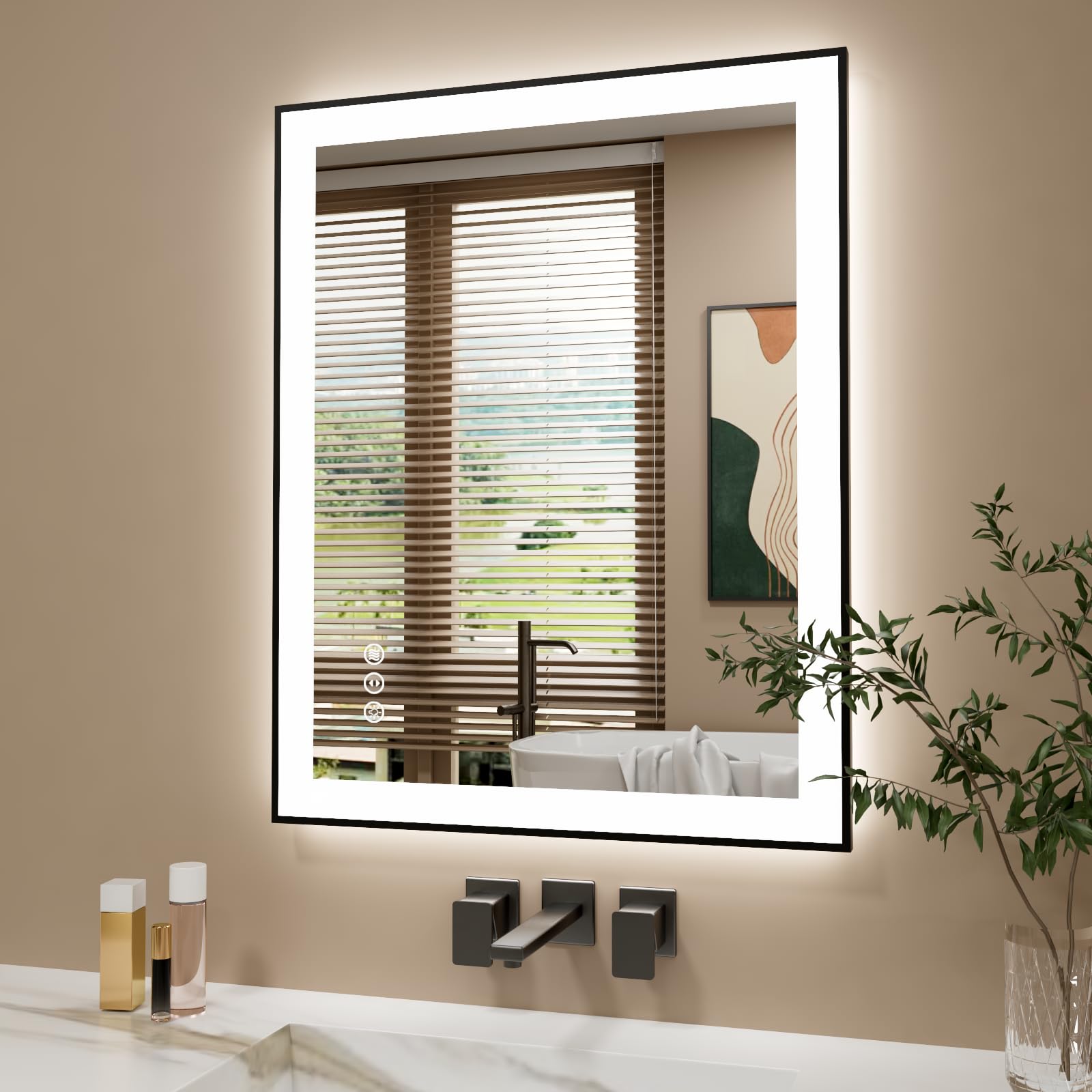 24x30 Inch LED Bathroom Mirror with Black Frame, Backlit and Front Lighted Bathroom Mirrors