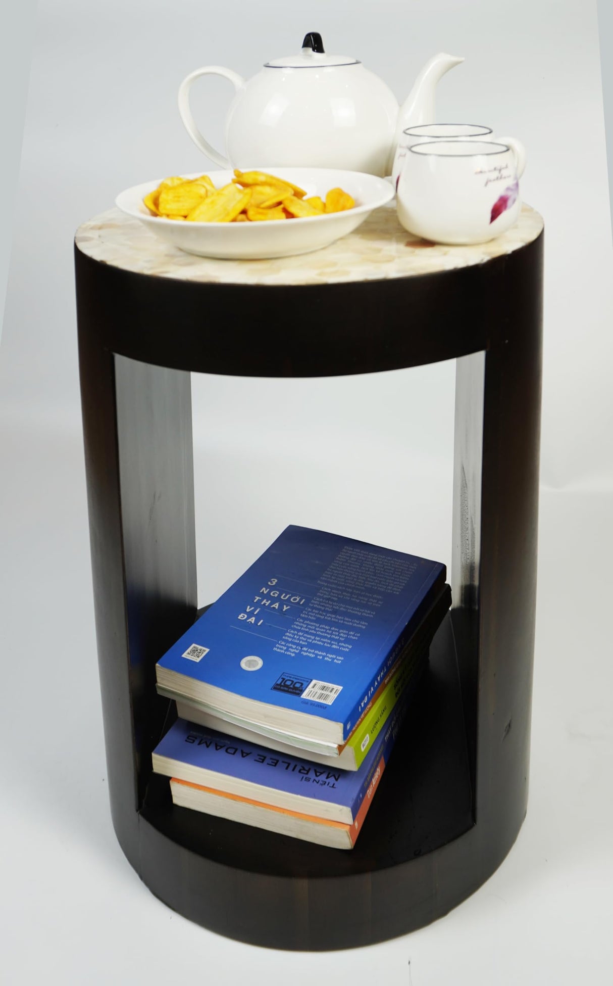 Mother of Pearl Round End Table with Storage Shelf for Living Room, Bedroom Side Table.