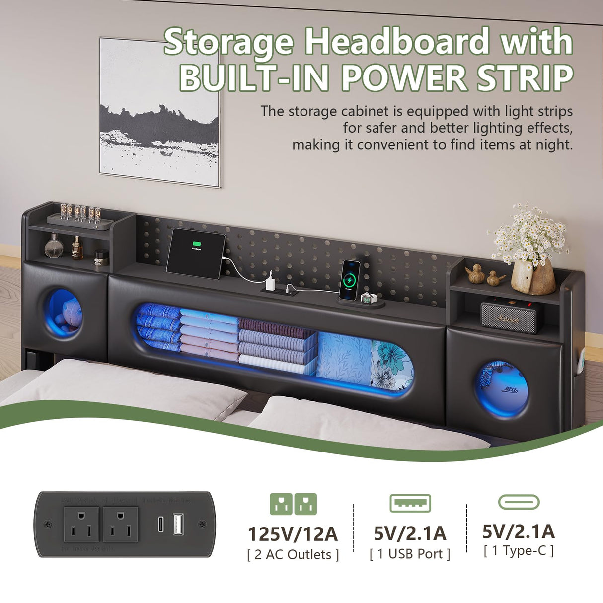 King Floating Bed Frame with LED Lights & Storage Headboard