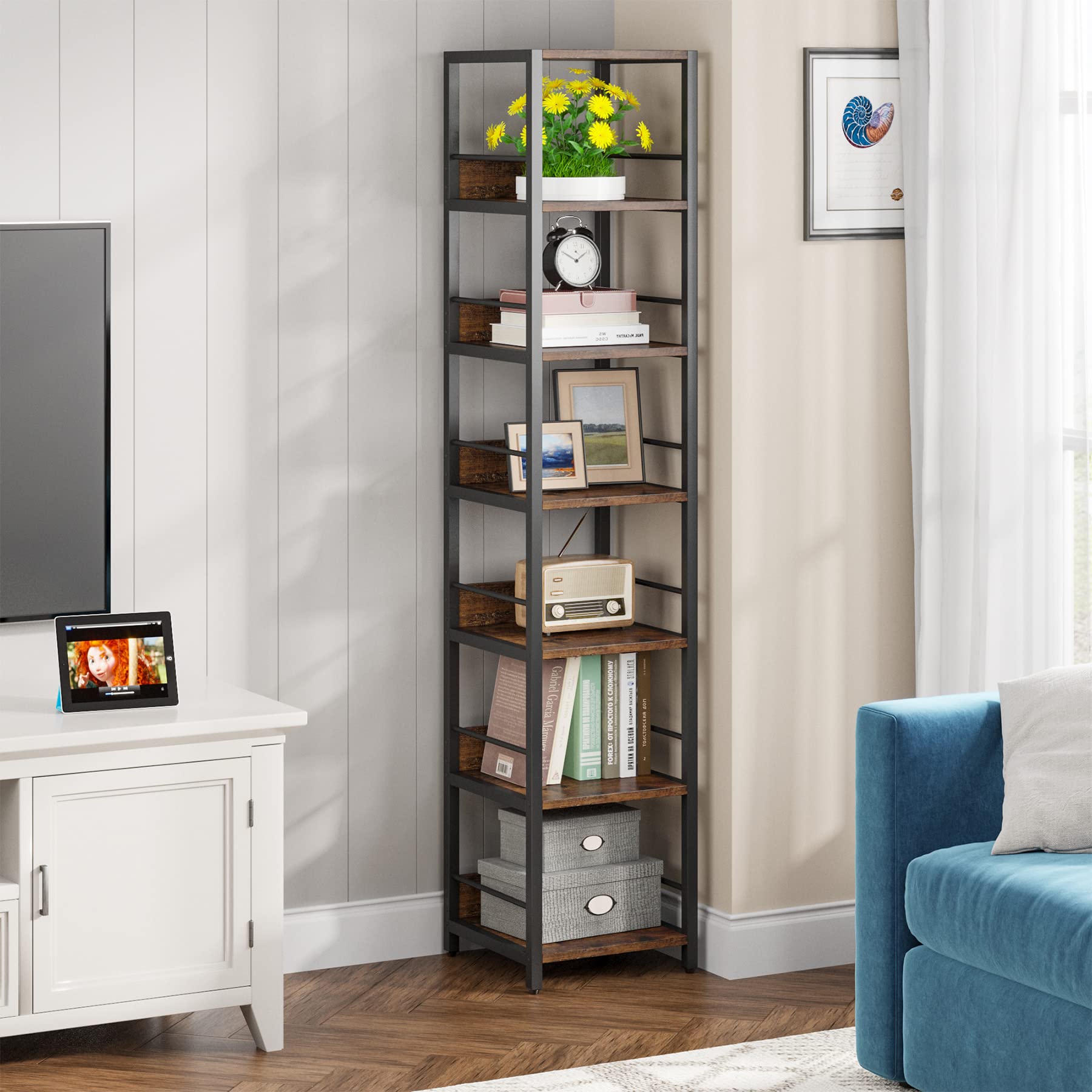 6-Tier Corner Shelf, 75 Inch Tall Narrow Bookshelf Storage Rack, Etagere Shelves Display