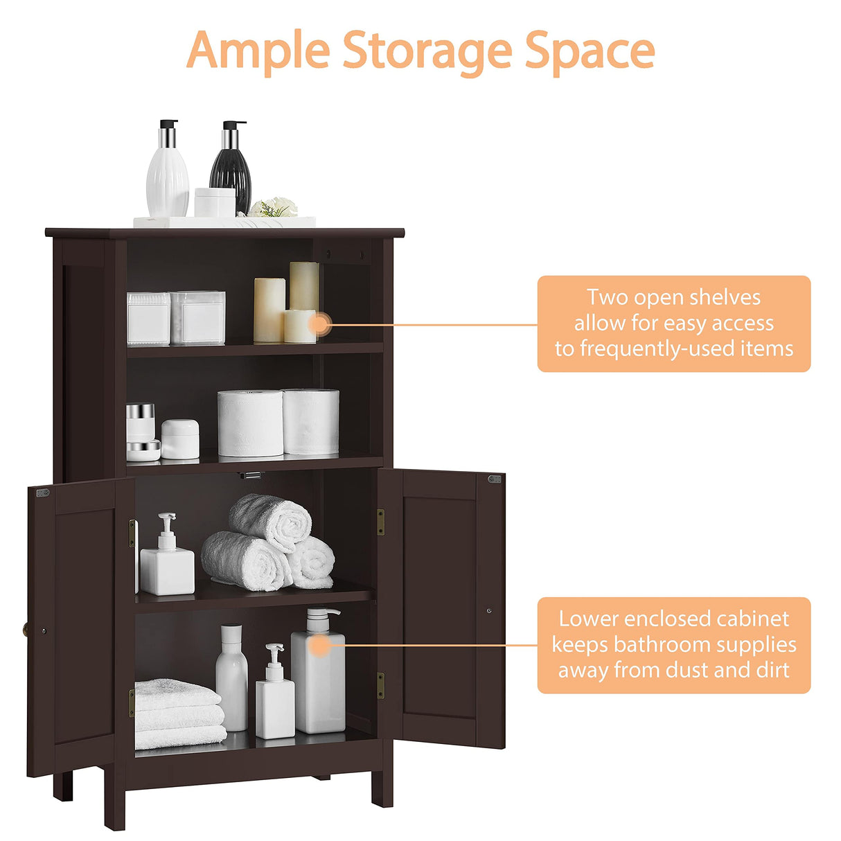 Bathroom Floor Cabinet, Free Standing Cabinet with Double Door and Inner Adjustable