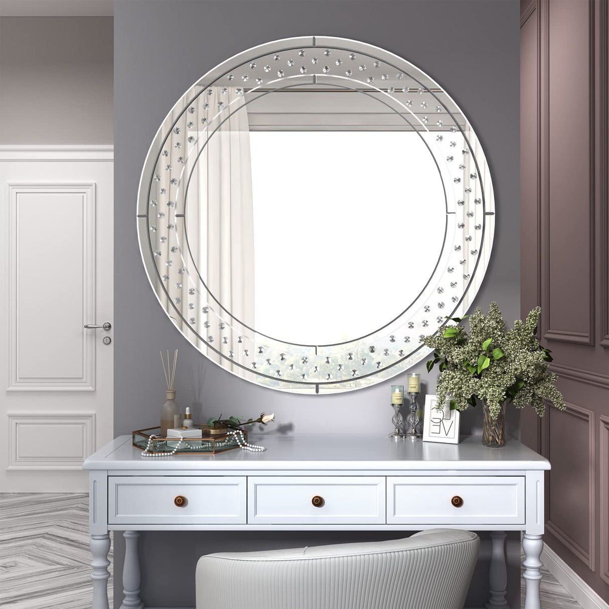 Round Decorative Wall Mirror - 31.5 x 31.5 in Floating Crystal Accent Large Mirror