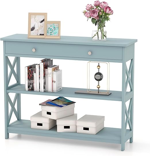 3-Tier Console Table, Wooden Sofa Tables Narrow Long with Large Drawer & 2 Open