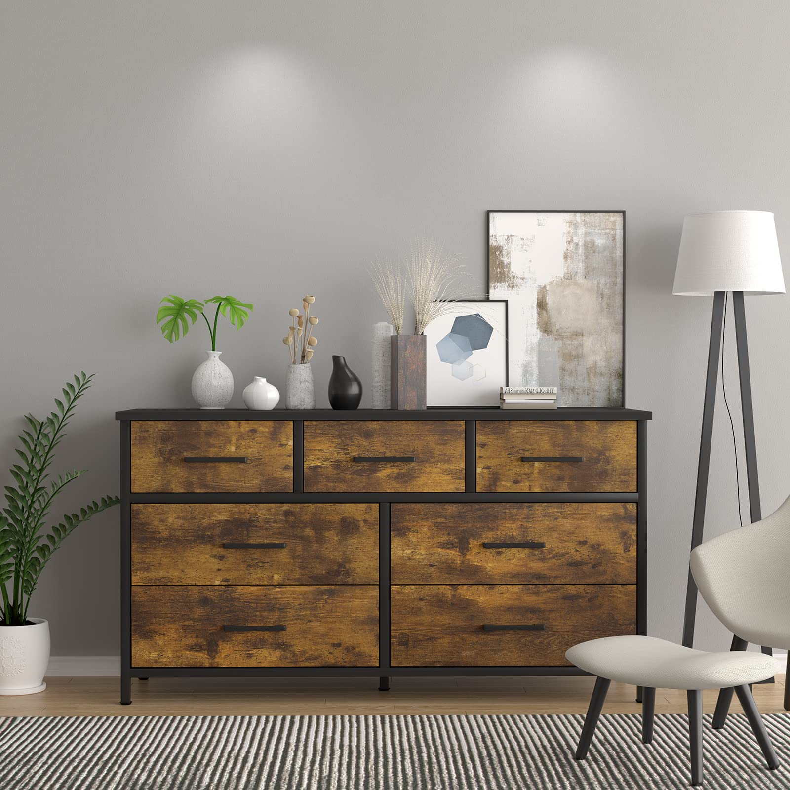 7 Drawer Wood Dresser, Industrial Wood Storage Dresser Clothes Organizer
