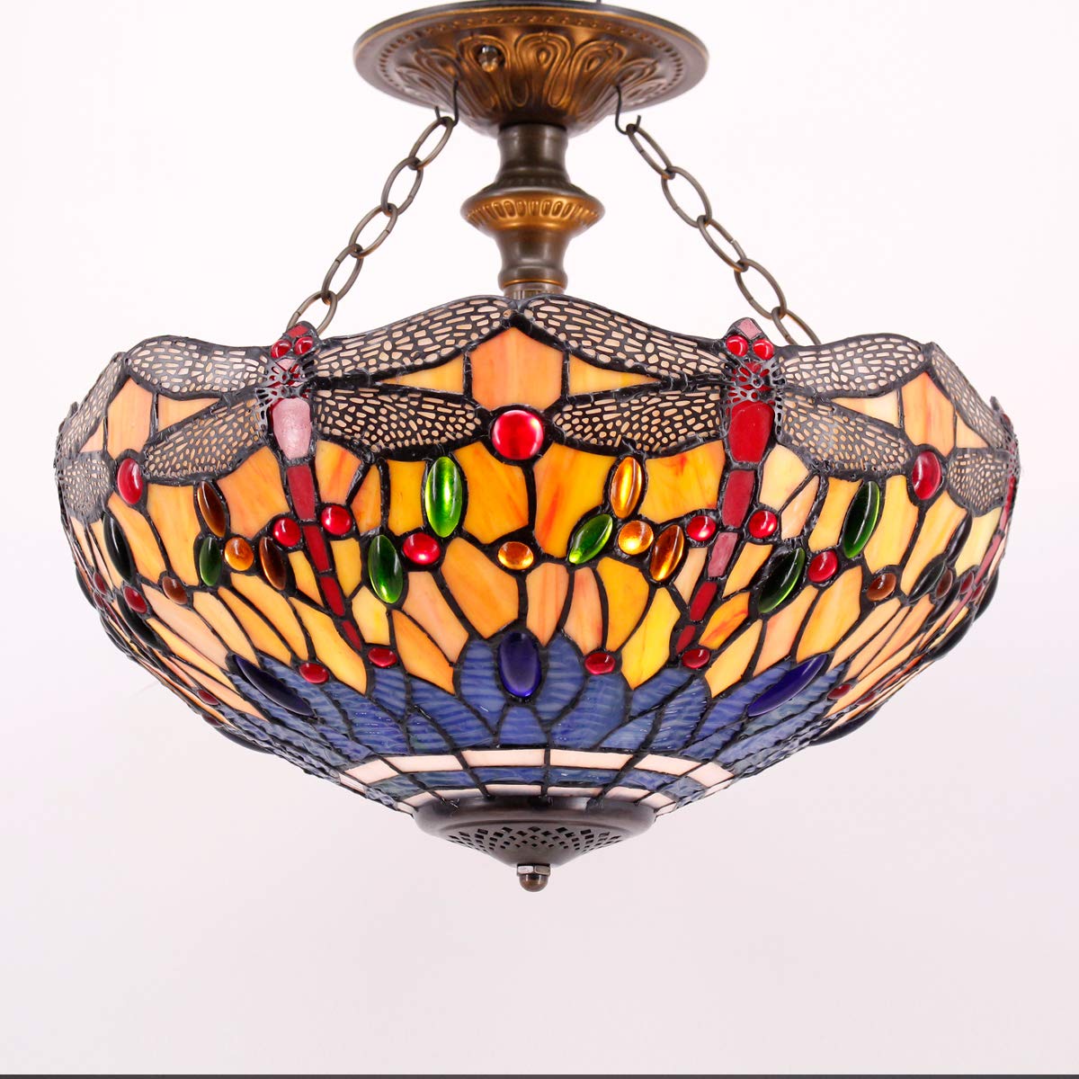 Tiffany Dragonfly Ceiling Light - 16 Inch Stained Glass Semi Flush Mount