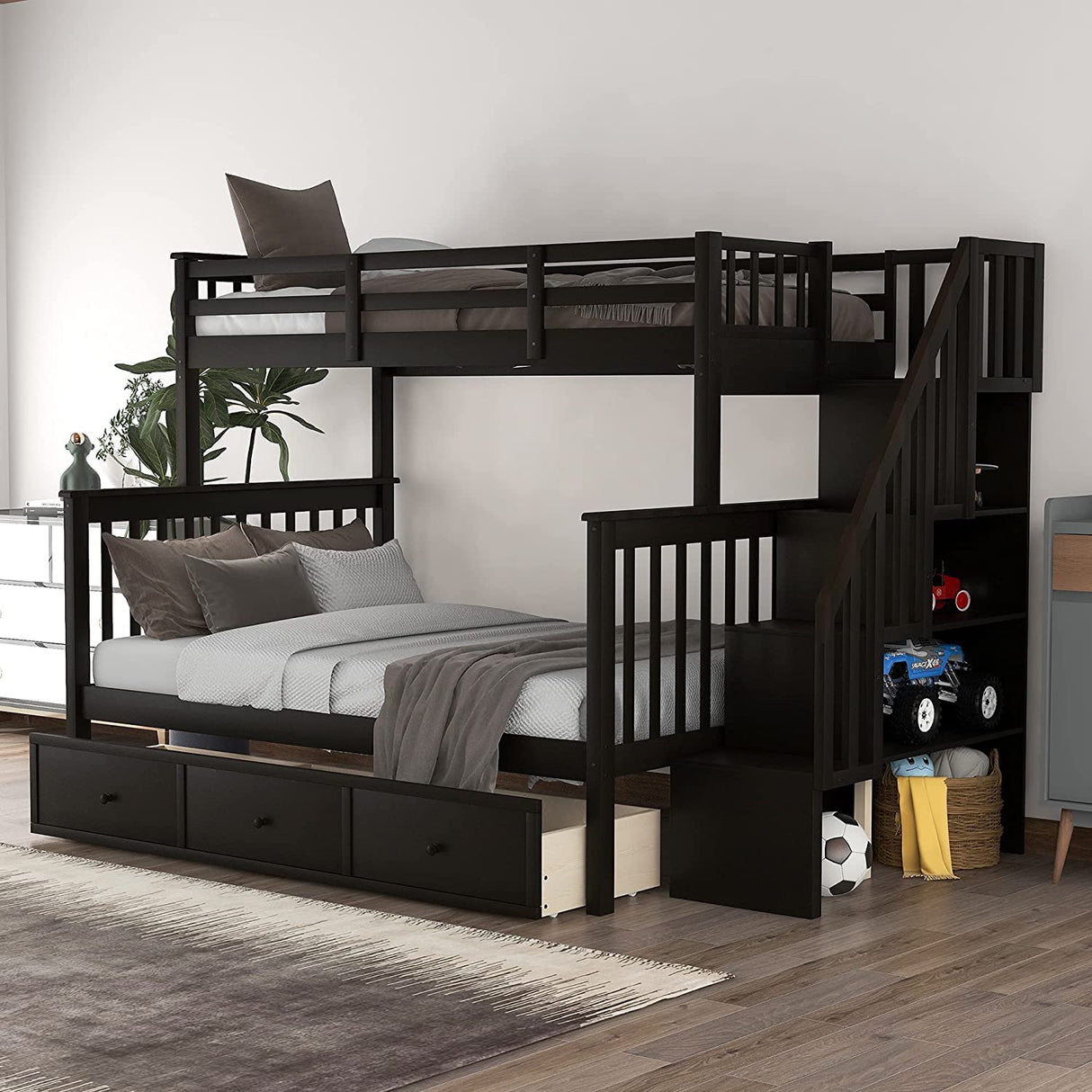 Amey Wood Twin Bunk Bed with Angled Ladder, Guardrail, Slat Kit, Brown