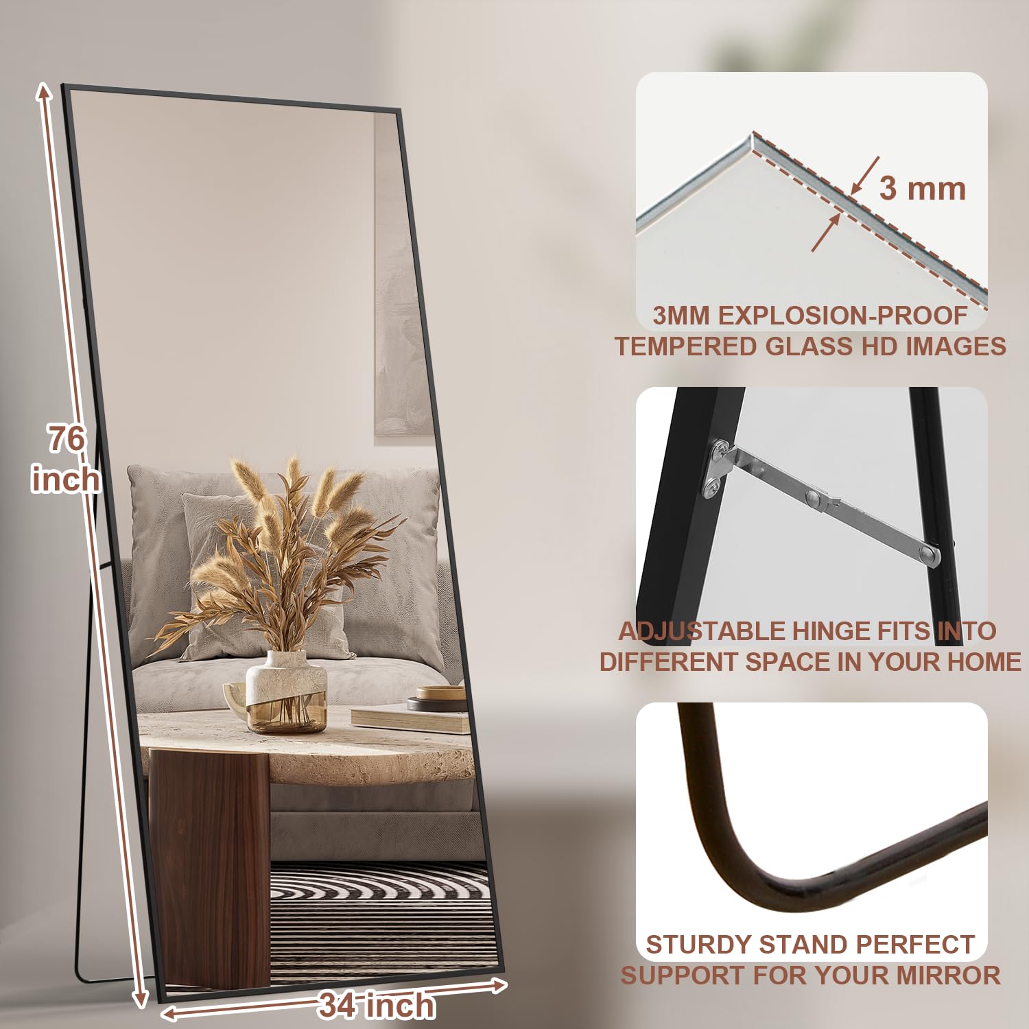 Full-Length Floor Mirror with Adjustable Bracket - Large Aluminum Alloy Standing Mirror