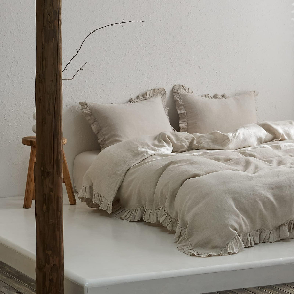 100% Linen Duvet Cover Set, 3 PCS Natural French Flax Natural Linen Ruffle Duvet Cover