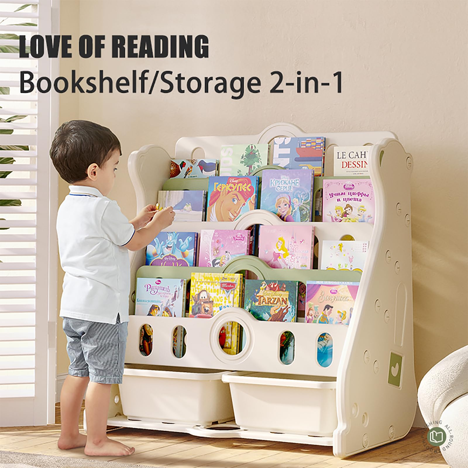 Deer COCO Kids Bookshelf and Toy Storage for Toddler, 4 Tier White Bookshelf Bookcase for Kids Bedroom/Nursery/Classroom, Toddler Wall Corner Bookshelf Kids Montessori Bookshelf (Green)