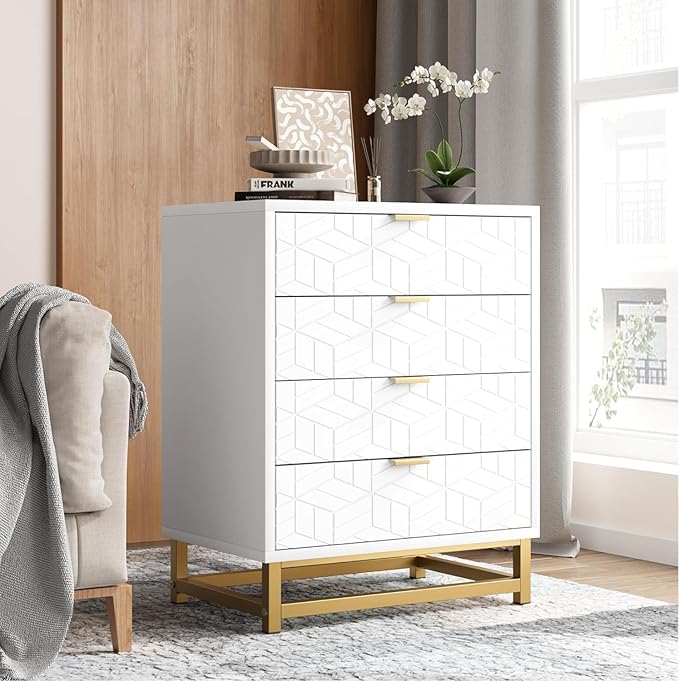 White 6 Drawer Dresser for Bedroom, Chest of Drawers with Metal Base, Modern Dresser