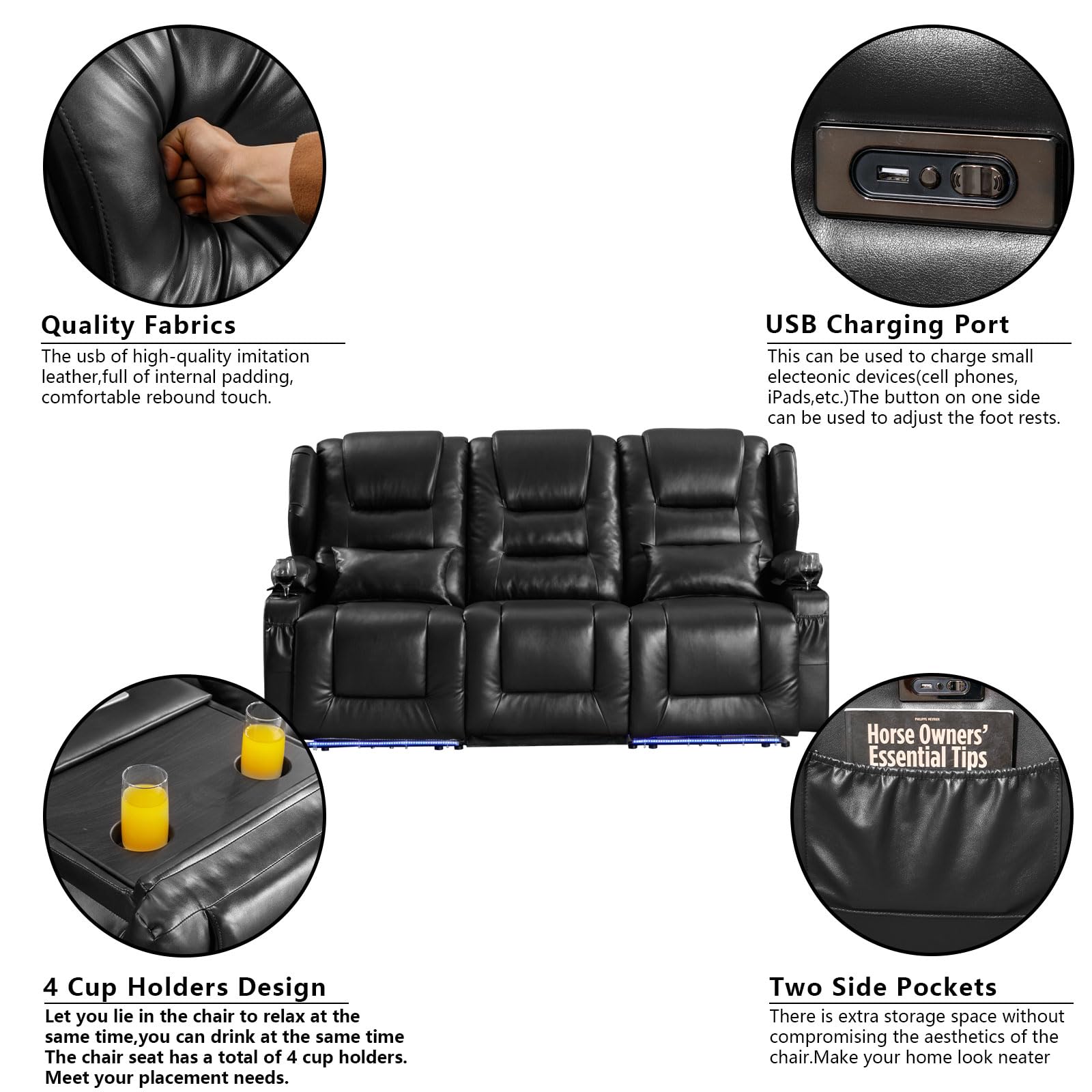 3 Seater Recliner Sofa Power Reclining Sofa with Console Wall Hugger Recliners