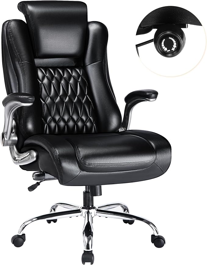 High Back Office Chair with Flip-up Armrests - Lifting Headrest, Built-in Adjustable