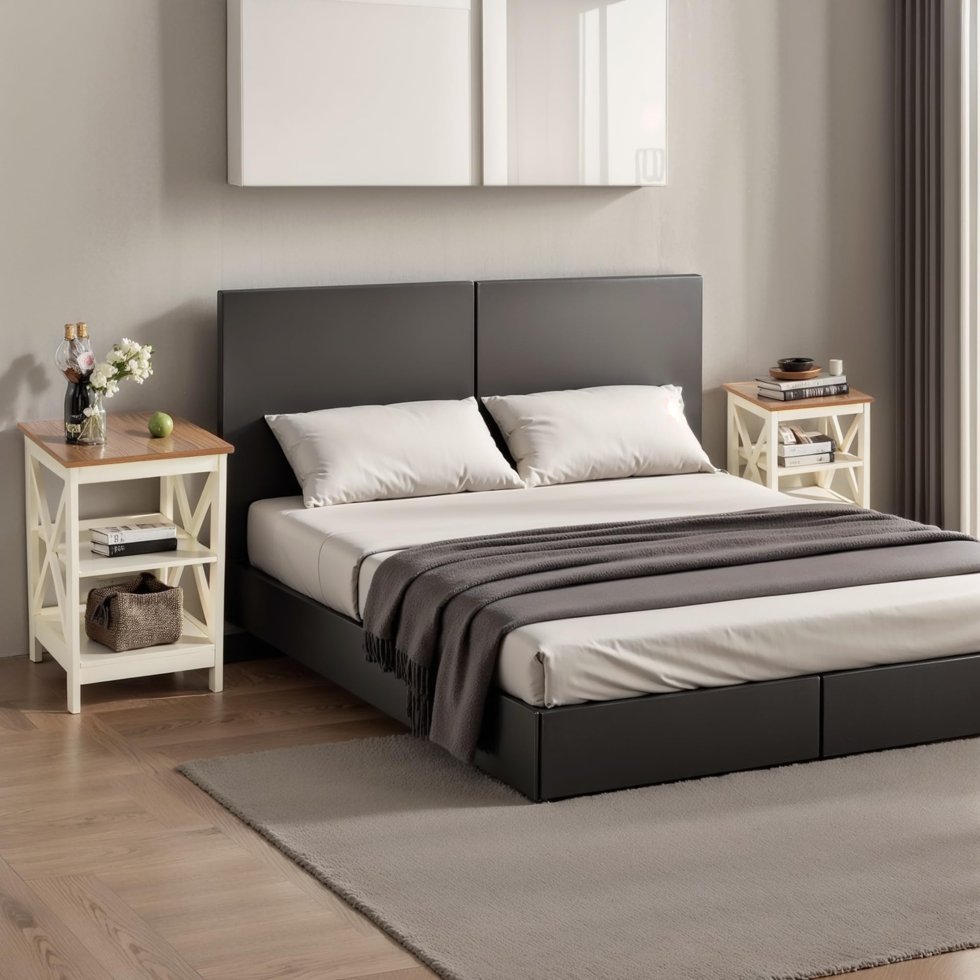 Side Table, Farmhouse End Table Set of 2, Bedside Table 3-Tier Storage Shelf