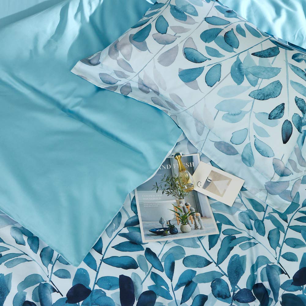 MILDLY 100% Long Staple Cotton Duvet Cover Set Gradient Blue Leaves Printed Comforter Cover Set Farmhouse Plant Comforter Cover Set