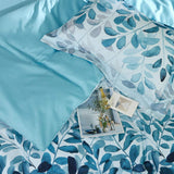 MILDLY 100% Long Staple Cotton Duvet Cover Set Gradient Blue Leaves Printed Comforter Cover Set Farmhouse Plant Comforter Cover Set