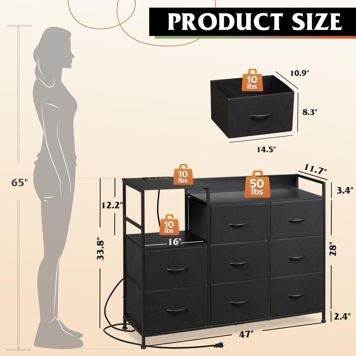 Black Dresser TV Stand for Bedroom with Charging Station, Wide Storage Chest of Drawers