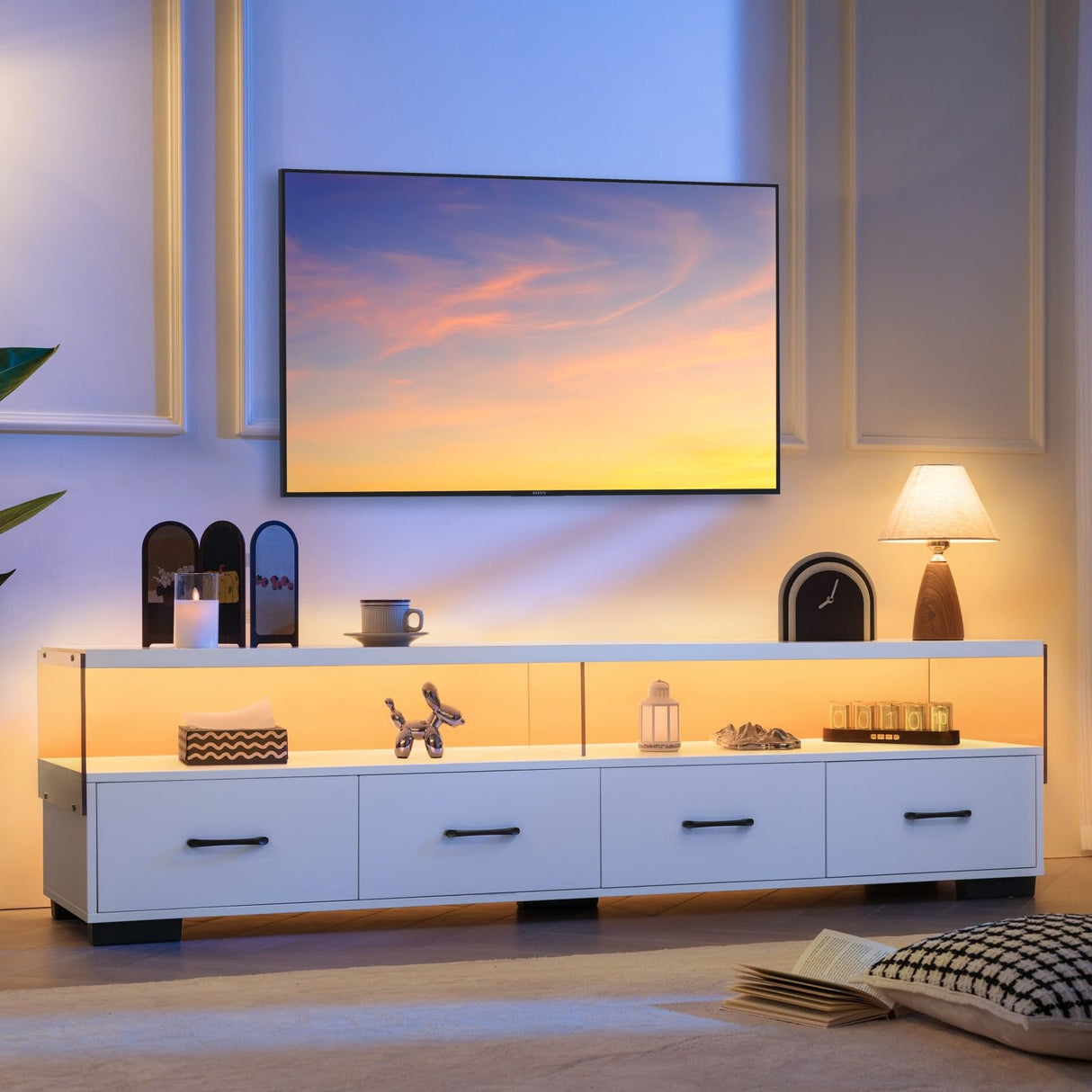 Modern 75 Inch TV Stand with LED Lights and Storage