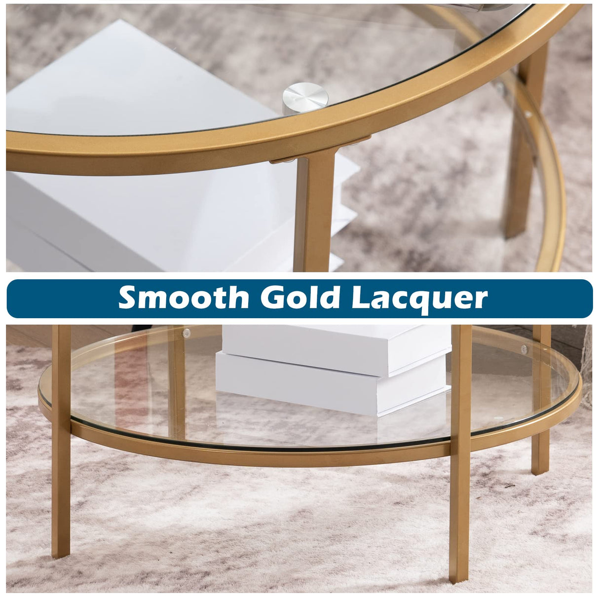 25.6" Round Gold Coffee Tables for Living Room, 2-Tier Glass Top Coffee Table