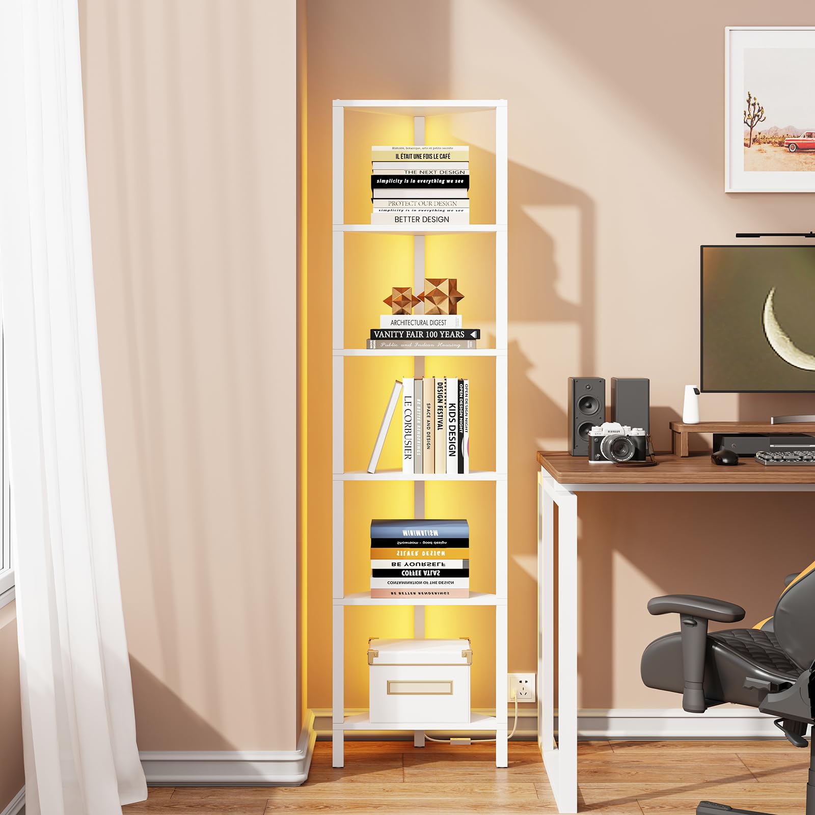 Corner Shelf with LED Light, 6-Tier Corner Bookshelf for Small Space, Narrow Display C