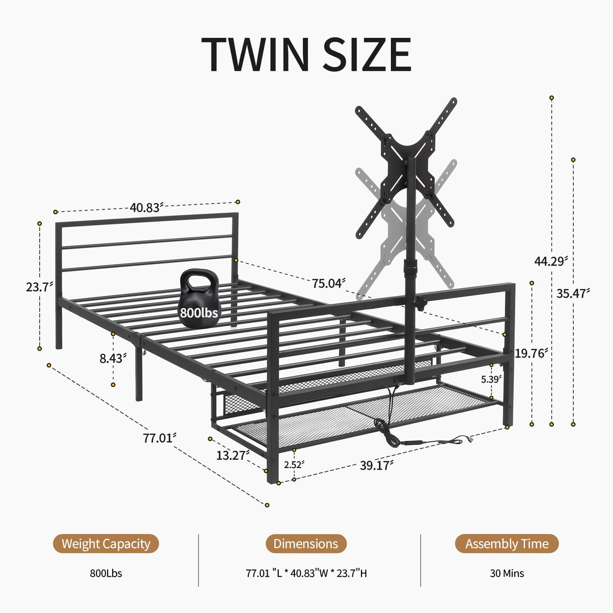 Twin Gaming Bed Frame with LED Lights & Rotating TV Mount