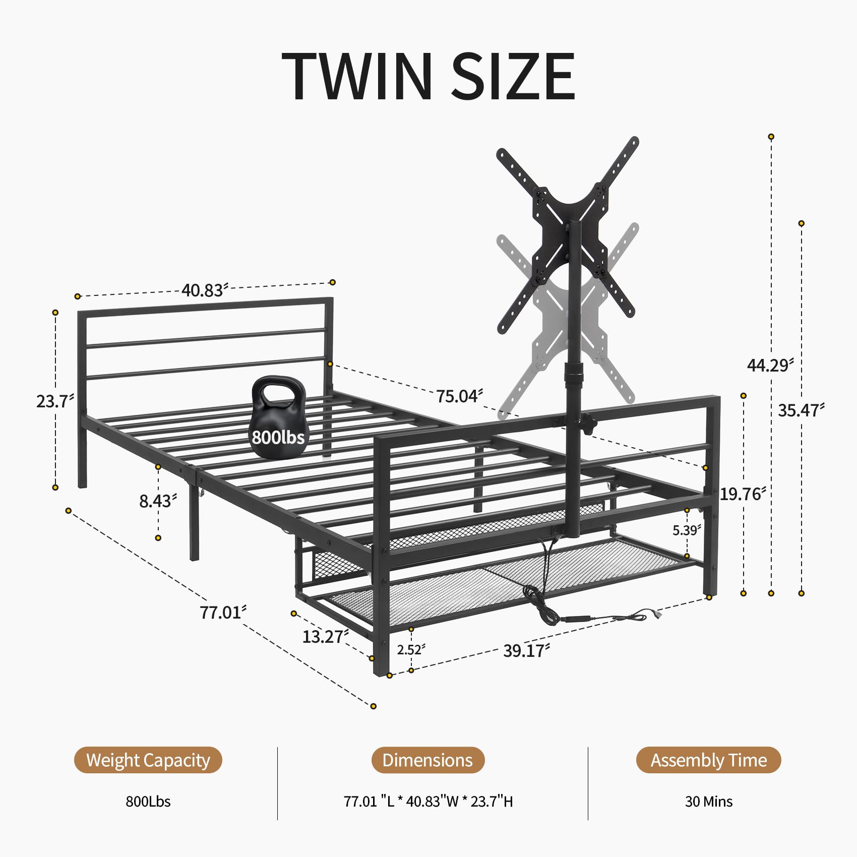 Twin Gaming Bed Frame with LED Lights & Rotating TV Mount