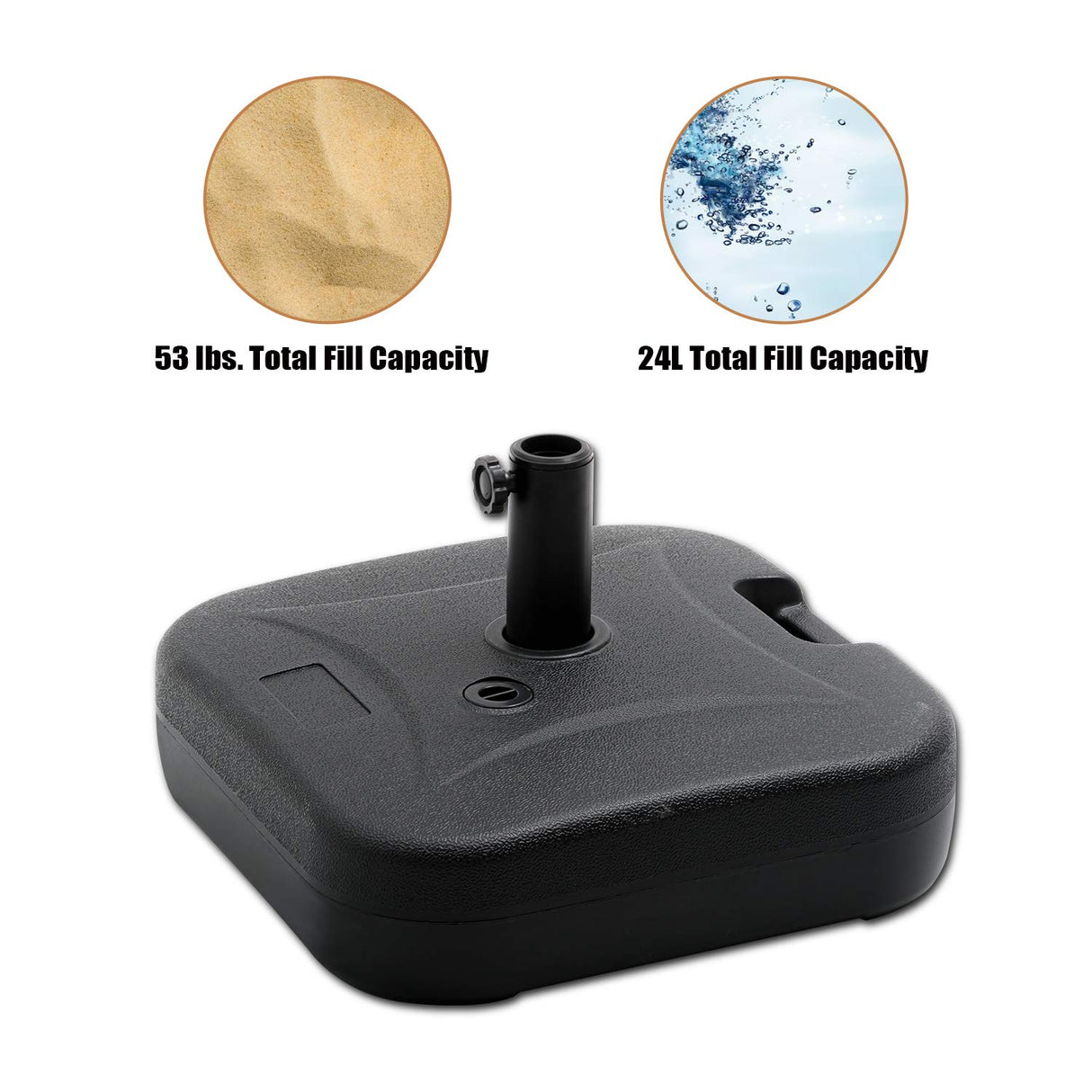 VredHom 53lbs Patio Umbrella Base Stand, Outdoor Market Umbrella Stand with Carry Handle，Water/Sand Filled Holder Plastic Square Weighted Base，Heavy Duty Umbrella Holder, for Lawn, Garden, 24L