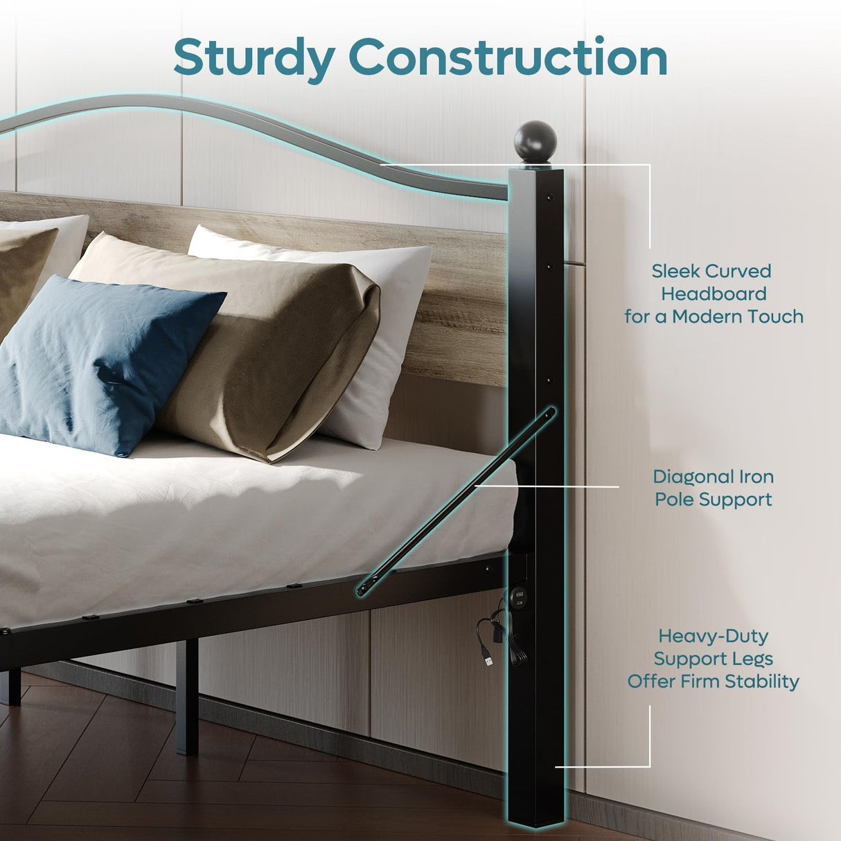 Queen Size Bed Frame with Headboard and Charging Station