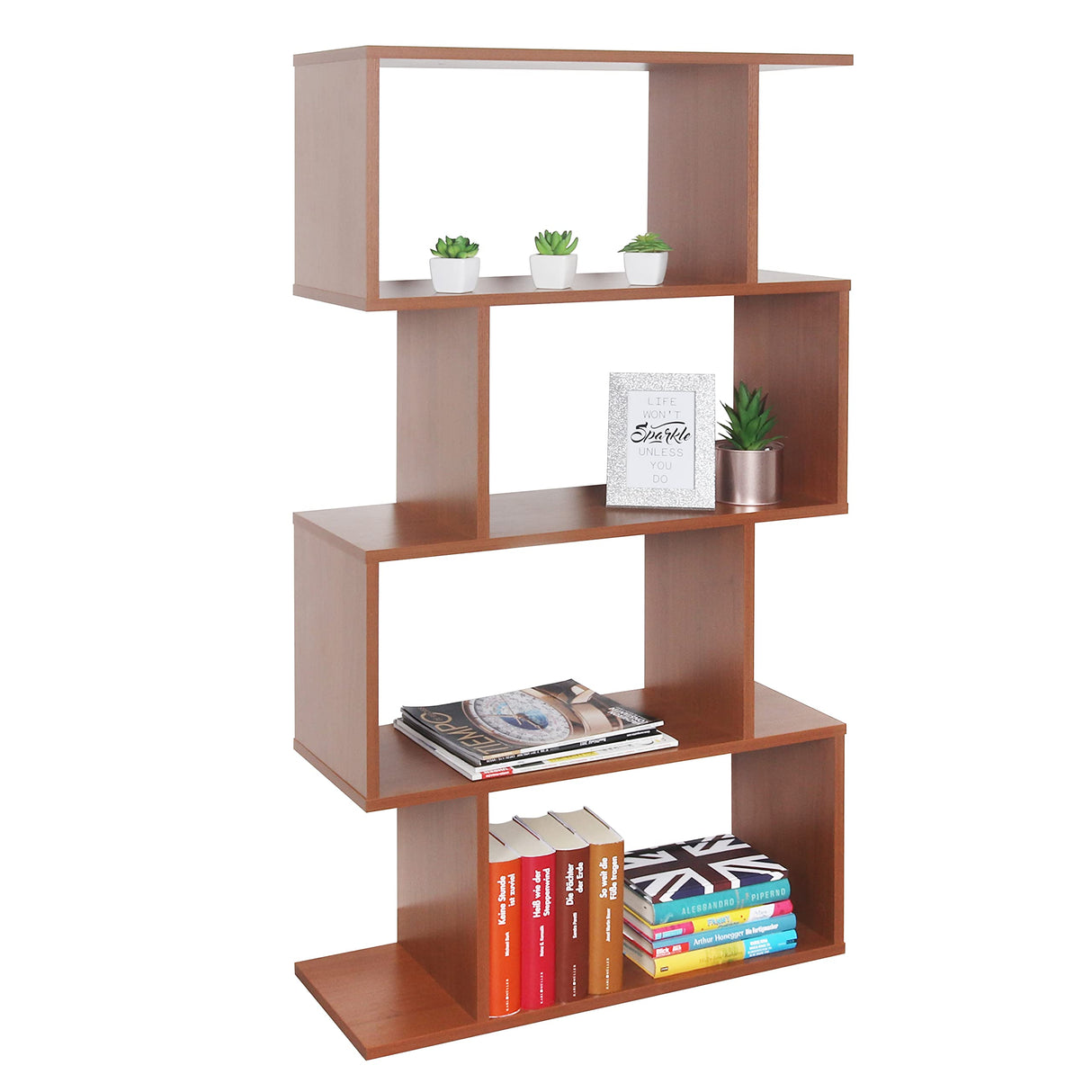 RICOO WM071-ER Storage Shelf 129 x 70 x 25 cm Bookcase Wooden Furniture Organiser Large Capacity 4 Compartments Open Oak Colour Brown