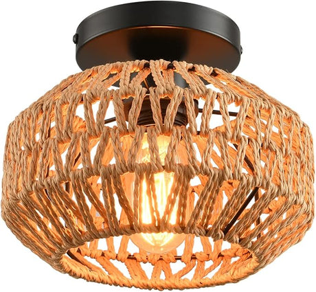 2 Pack Farmhouse Light Fixtures Ceiling Mount,Mini Rattan Boho Semi Flush Mount Ceiling