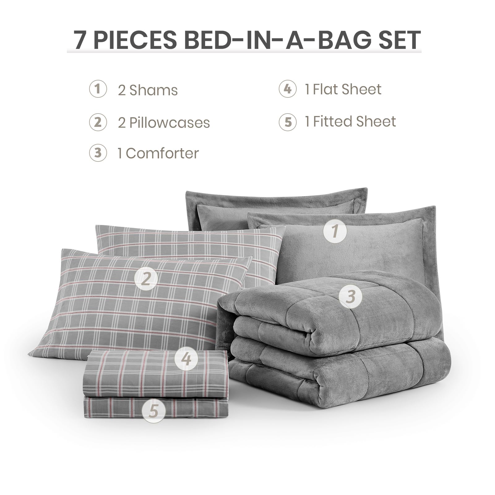 AMBERSPACE Fleece Queen Comforter Set-7 Pieces Bed in A Bag Queen,Blue Grey Plush Bedding Comforter Sets, Soft Warm Queen Comforter Set with Sheets,Comforter,Pillowcases and Shams
